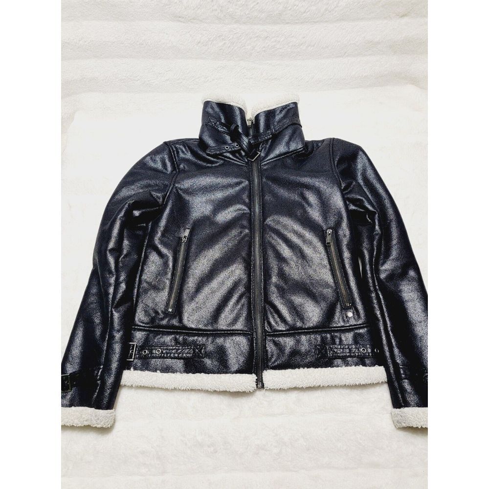 Firetrap Womens Faux Leather Fur Effect Aviator Jacket Size M Black And White